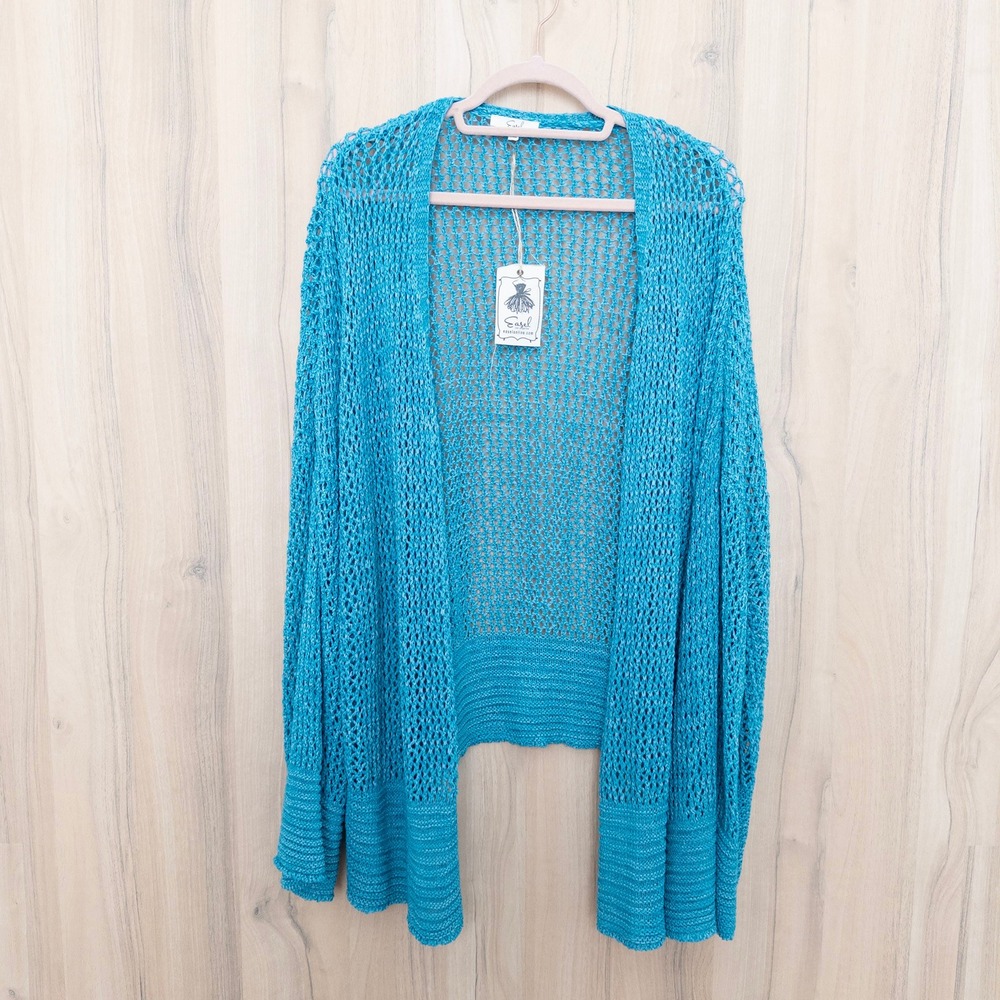 Easel Womens Crochet Knit‎ Open Front Cardigan Size L Turquoise Boho Coastal
